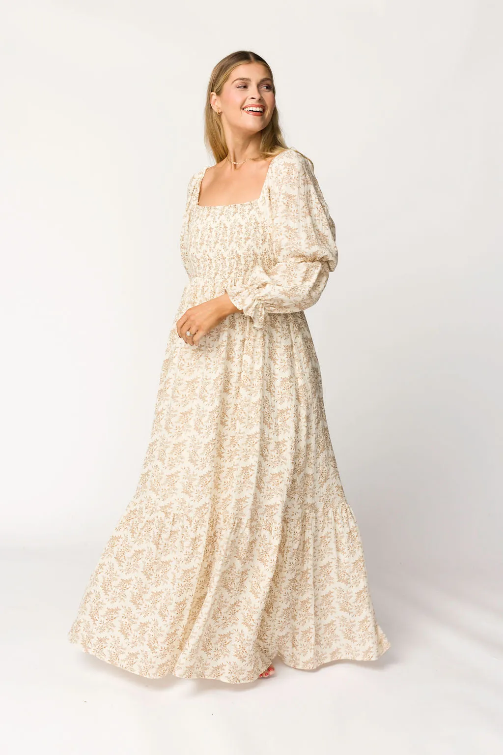 Emerson 100% Cotton Gauze Maxi Dress in Natural/Tan Floral - Bump Friendly