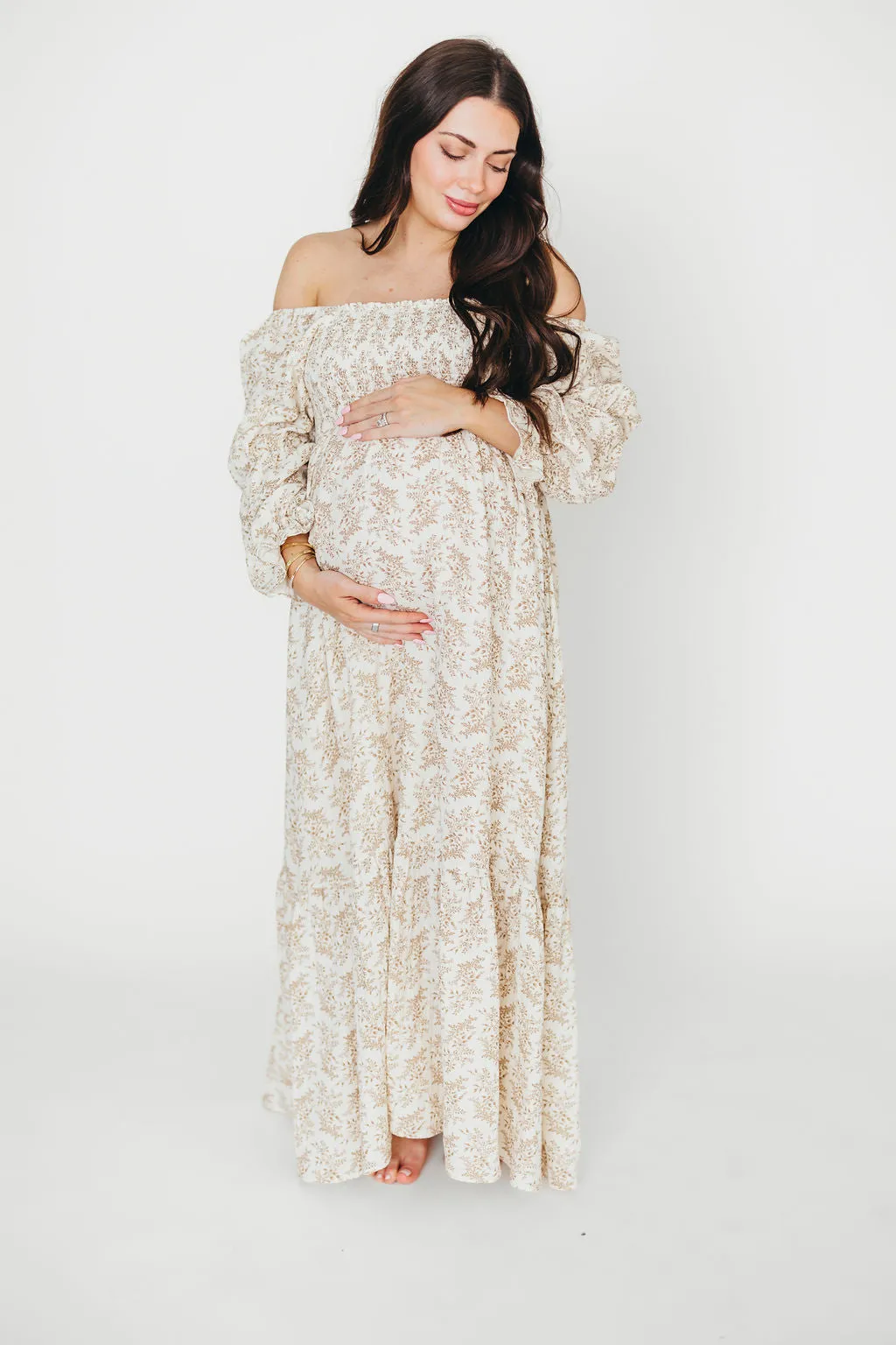 Emerson 100% Cotton Gauze Maxi Dress in Natural/Tan Floral - Bump Friendly