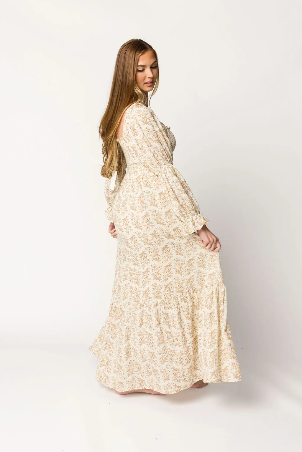 Emerson 100% Cotton Gauze Maxi Dress in Natural/Tan Floral - Bump Friendly