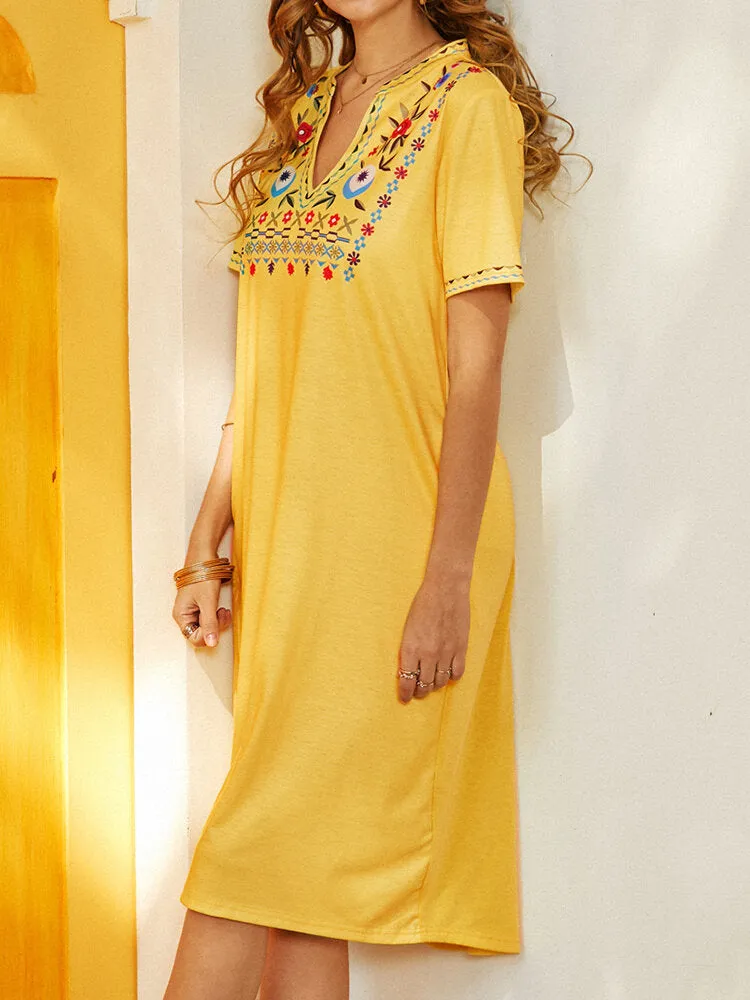 Ethnic Notched Neckline Floral Print Bohemian Casual Women Midi Dress