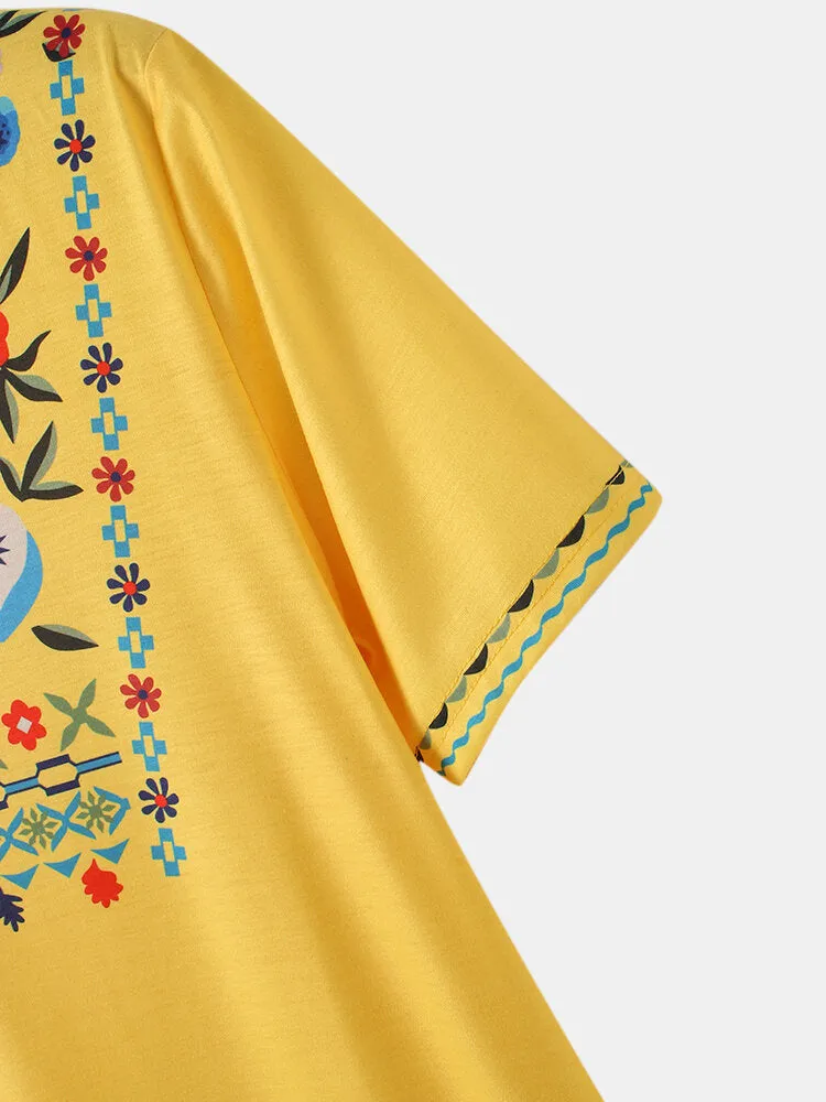 Ethnic Notched Neckline Floral Print Bohemian Casual Women Midi Dress