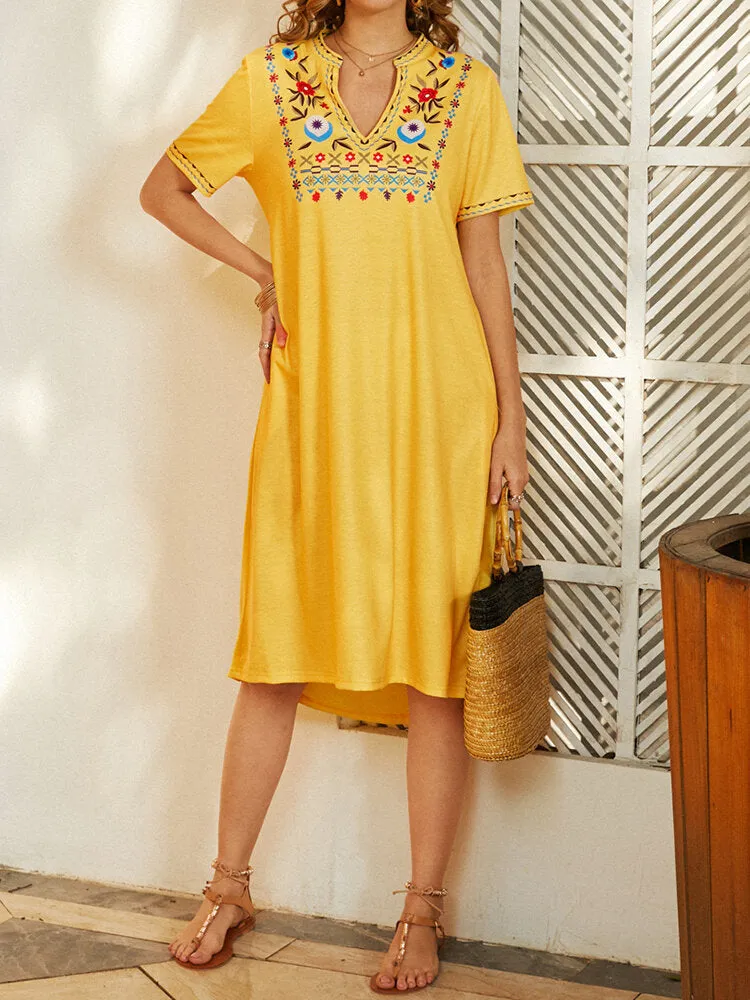 Ethnic Notched Neckline Floral Print Bohemian Casual Women Midi Dress