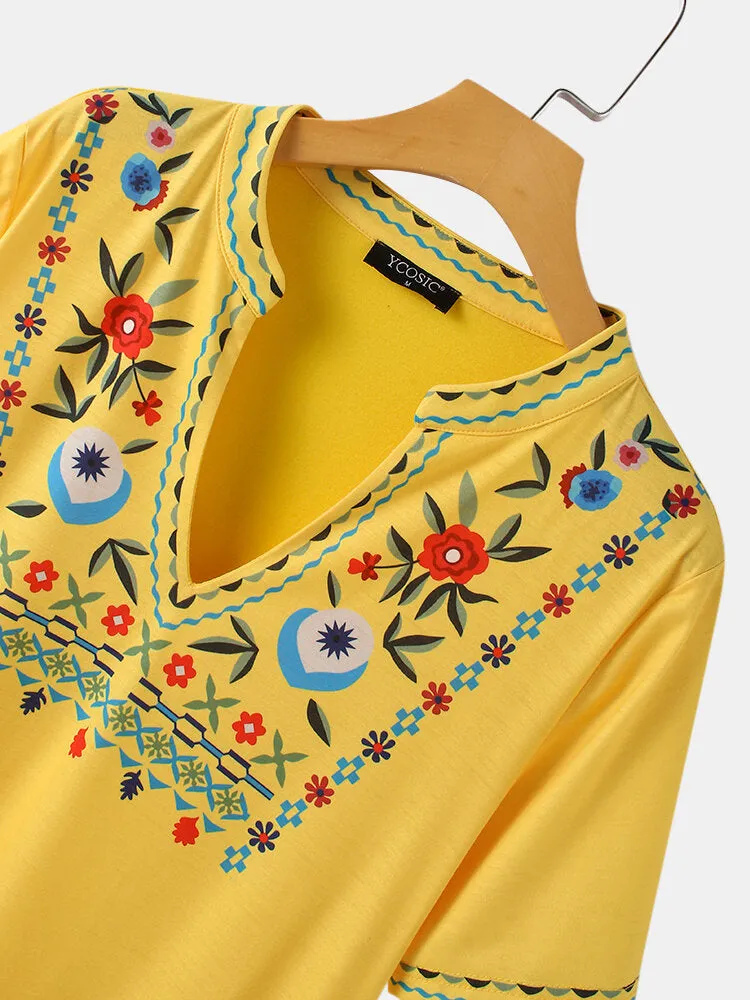 Ethnic Notched Neckline Floral Print Bohemian Casual Women Midi Dress