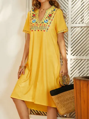 Ethnic Notched Neckline Floral Print Bohemian Casual Women Midi Dress