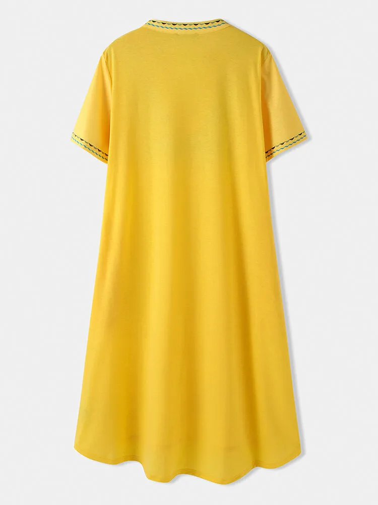Ethnic Notched Neckline Floral Print Bohemian Casual Women Midi Dress