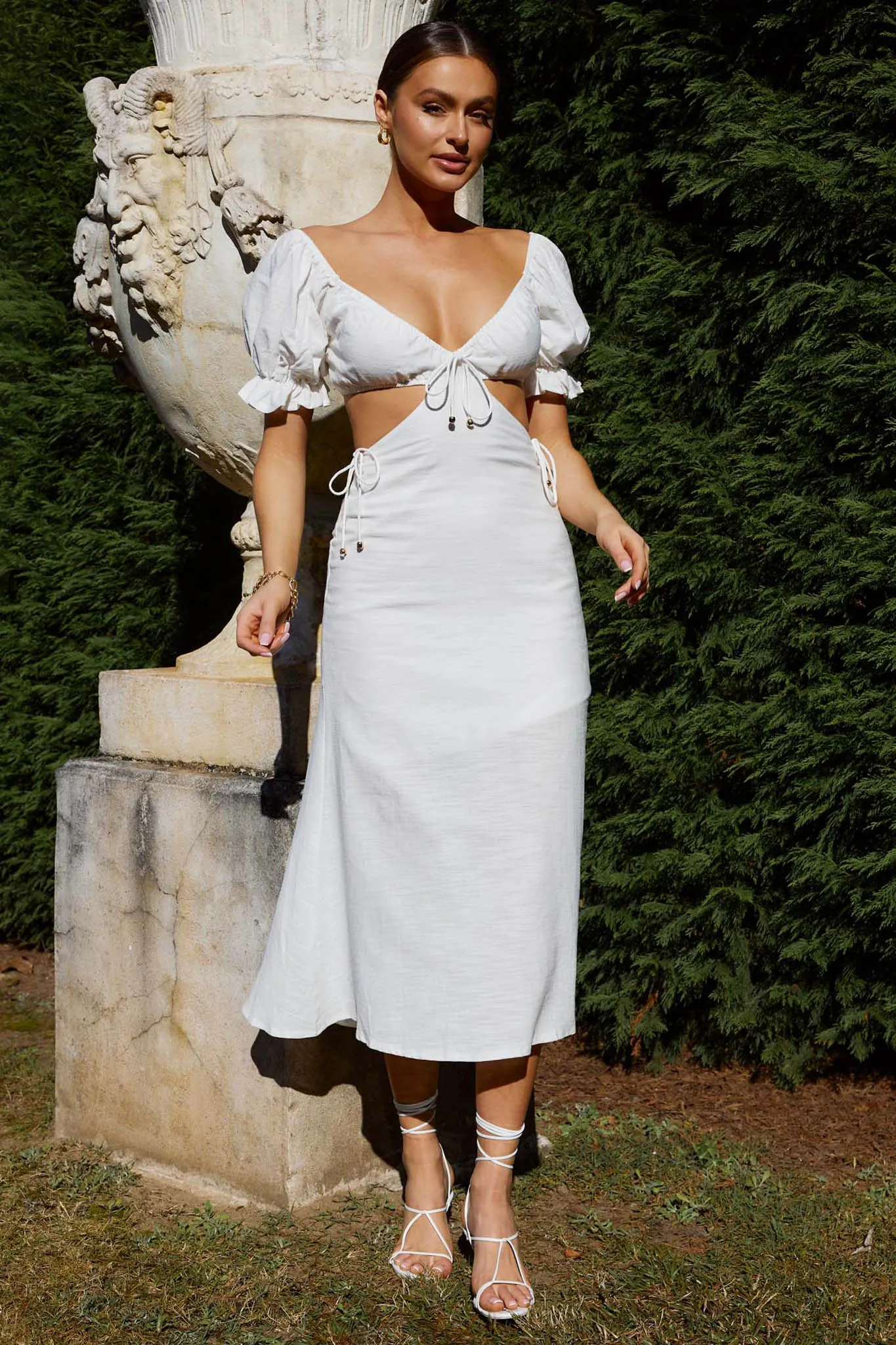 Fancy Free Puff Sleeve Midi Dress White