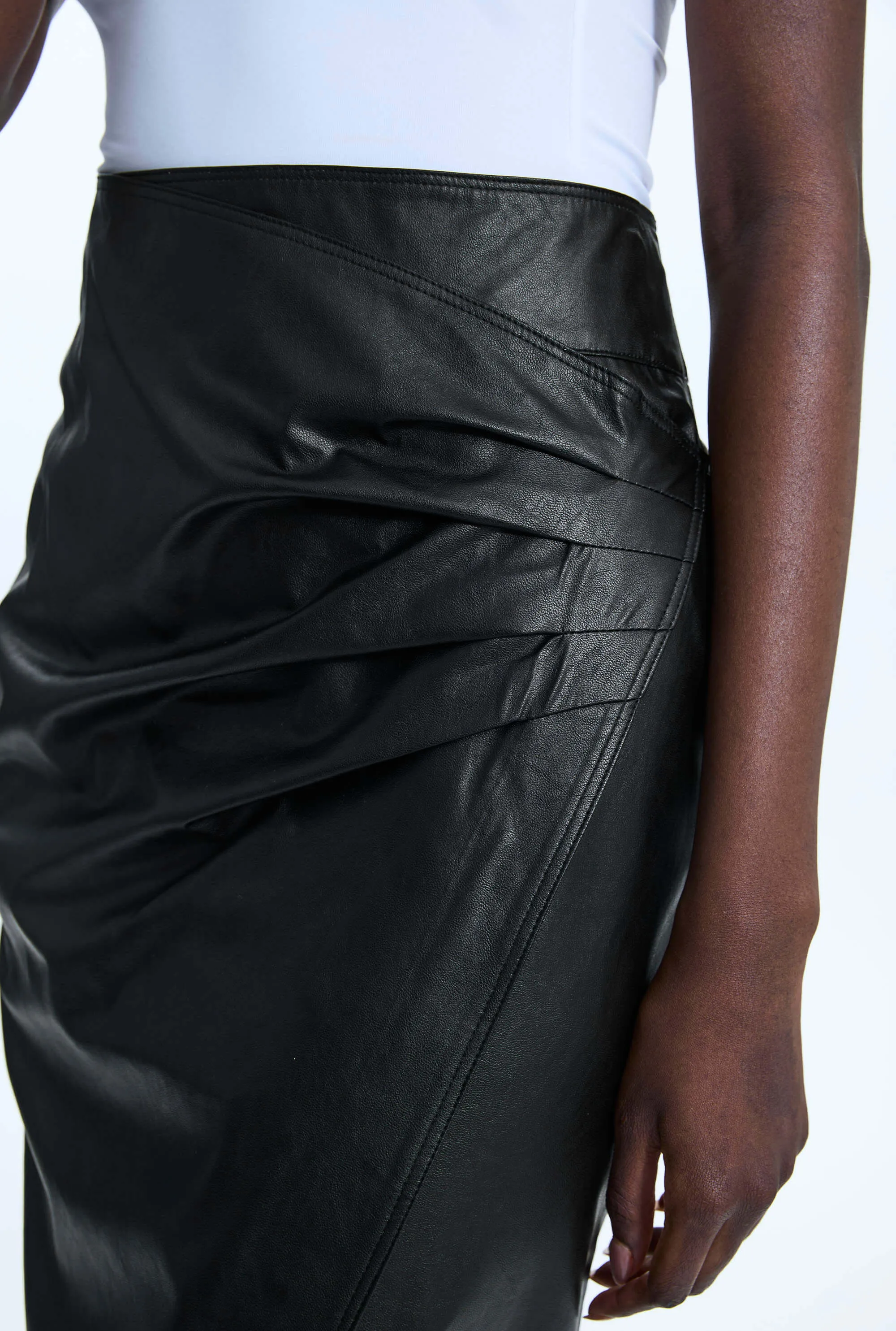 Faux Leather Side Ruched Skirt Black