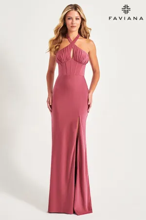 Faviana 11065 Long Fitted Formal Slit Corset Prom Dress