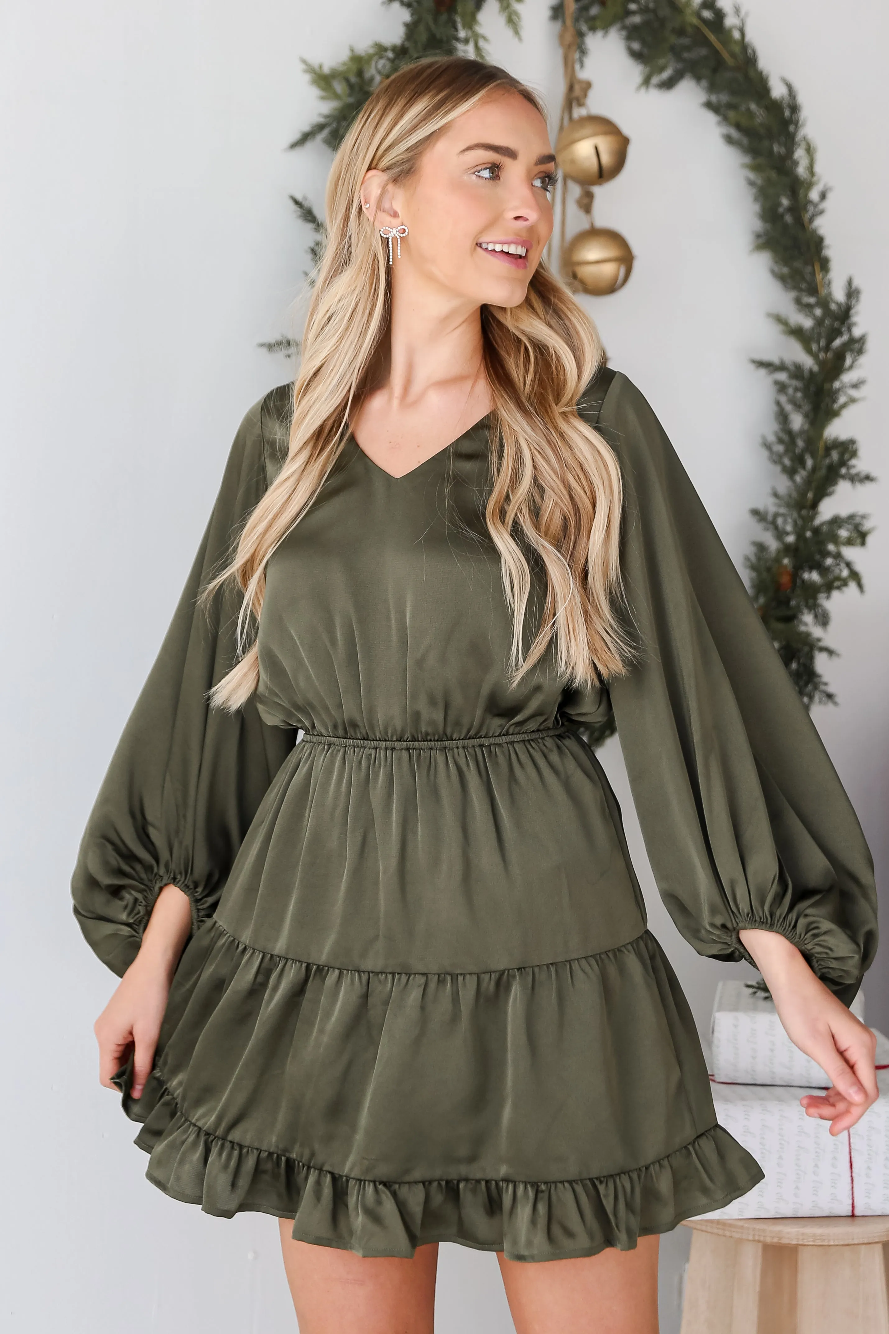 FINAL SALE - Always Celebrating Olive Satin Mini Dress