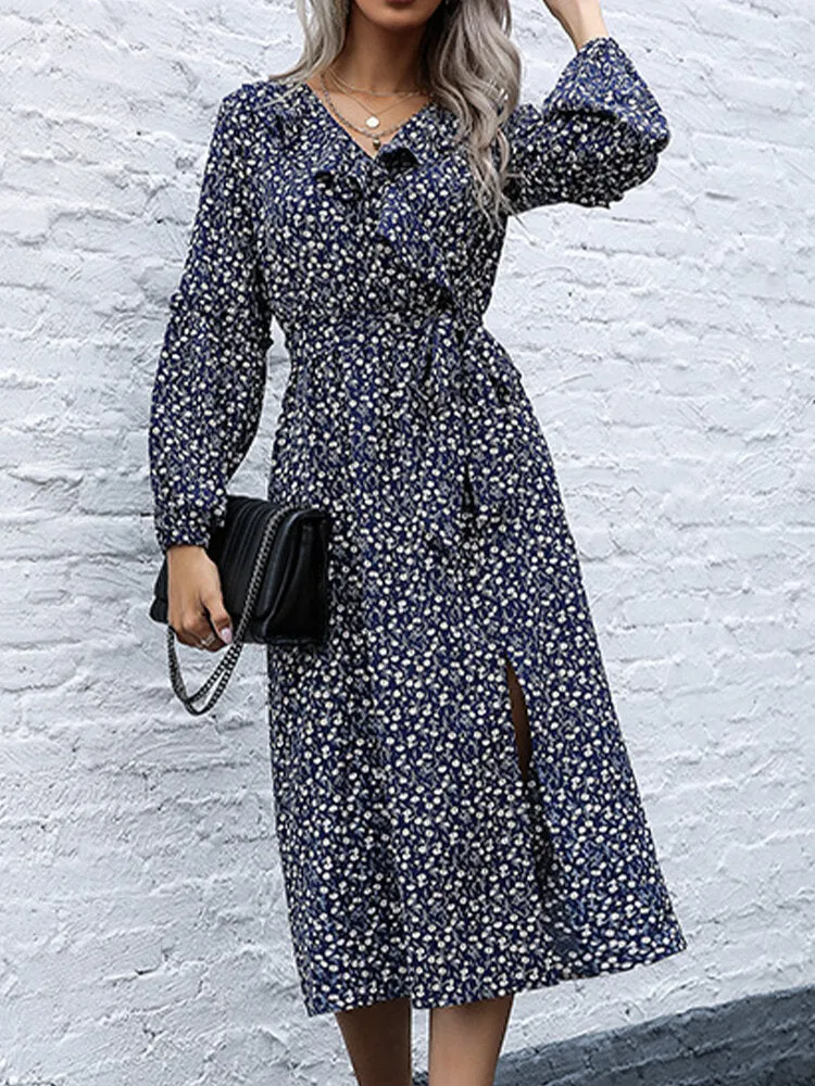 Floral Print Ruffle Trims V-neck Long Sleeve Casual Women Midi Dress