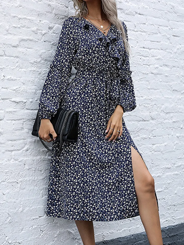 Floral Print Ruffle Trims V-neck Long Sleeve Casual Women Midi Dress