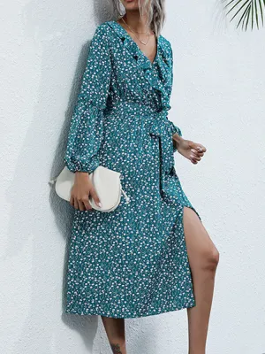 Floral Print Ruffle Trims V-neck Long Sleeve Casual Women Midi Dress