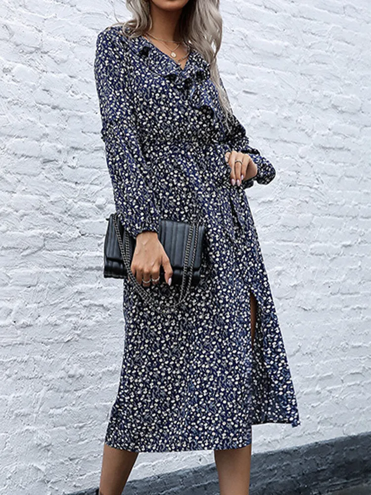 Floral Print Ruffle Trims V-neck Long Sleeve Casual Women Midi Dress