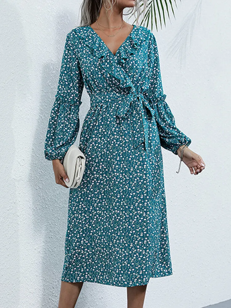 Floral Print Ruffle Trims V-neck Long Sleeve Casual Women Midi Dress