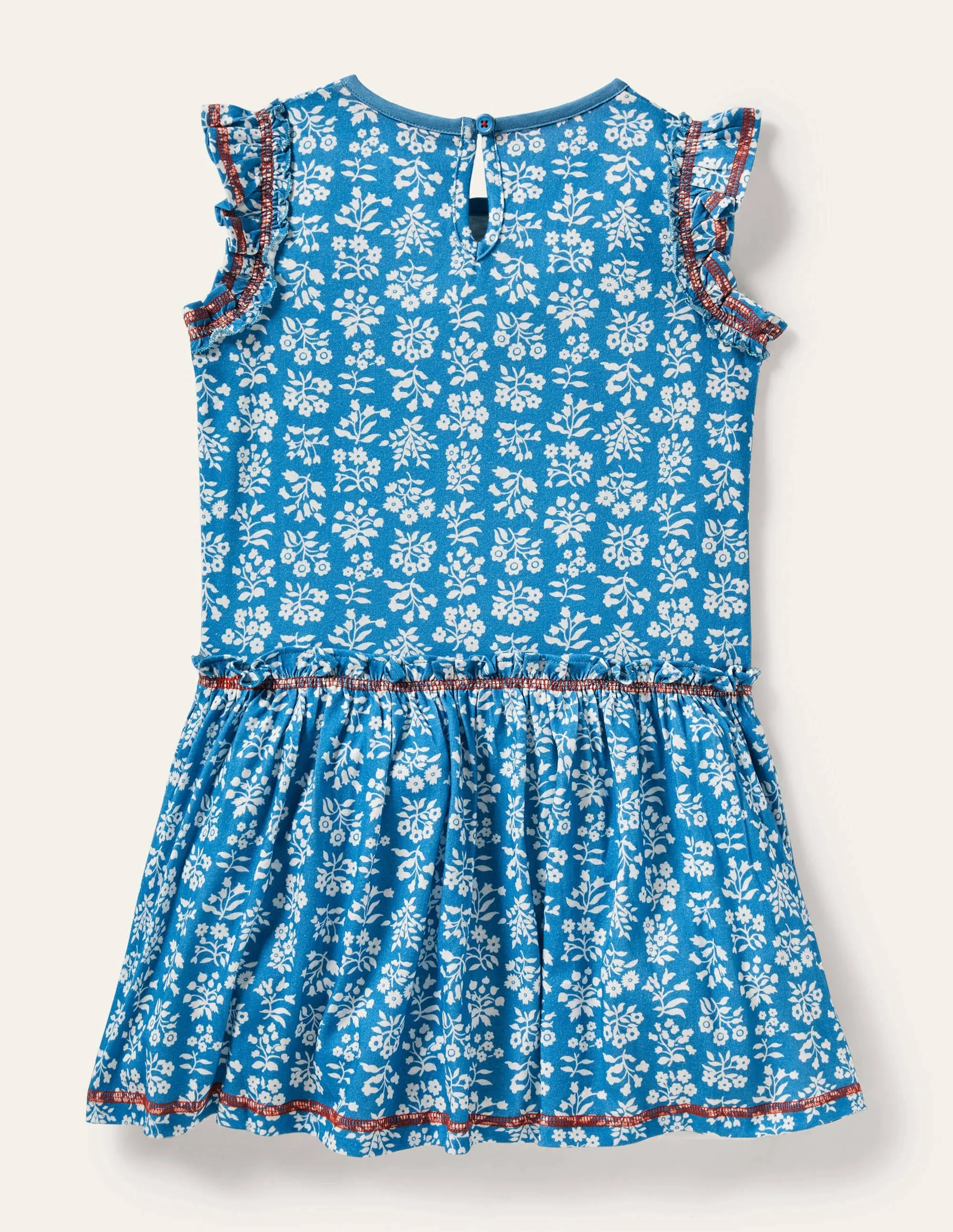 Frill Detail Jersey Dress-Bahama Blue/ Ivory Woodblock
