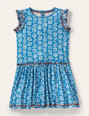Frill Detail Jersey Dress-Bahama Blue/ Ivory Woodblock