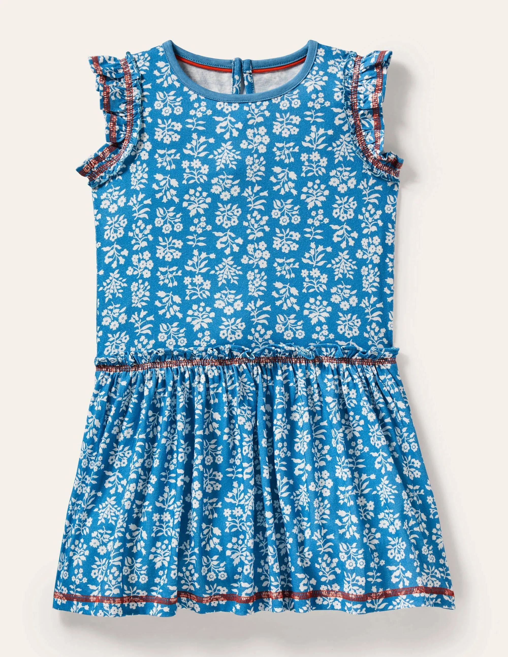 Frill Detail Jersey Dress-Bahama Blue/ Ivory Woodblock