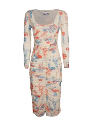 Ganni Ruched Logo Printed Midi Dress