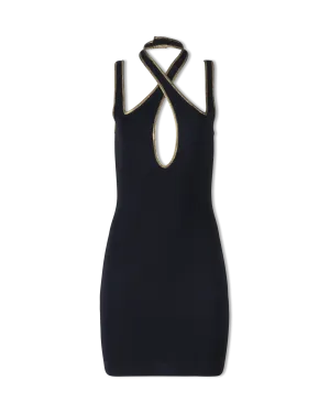 Gold Trimmed Halterneck Knit Short Dress