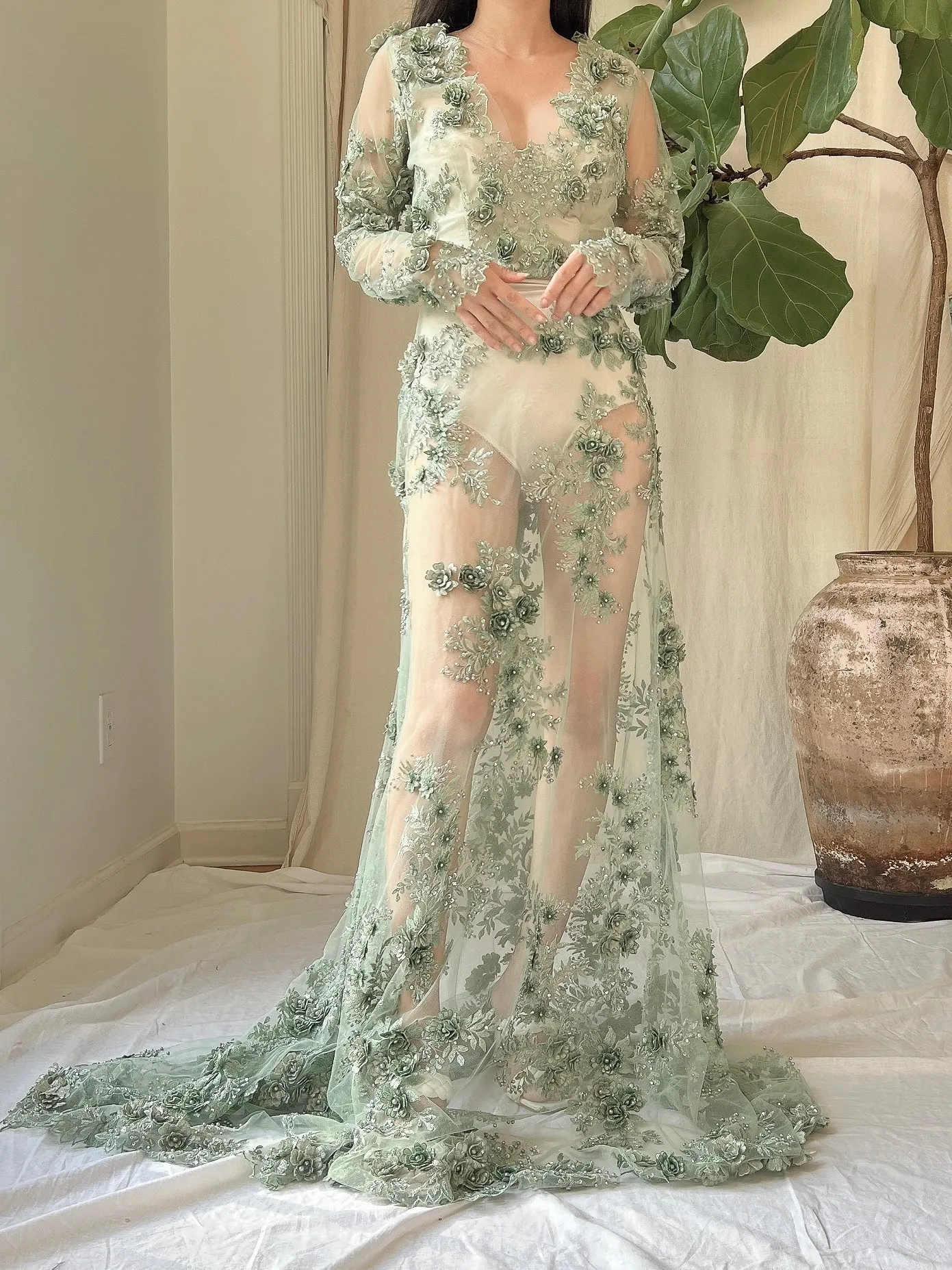 Gossamer Green 3D Floral Dress - S/6