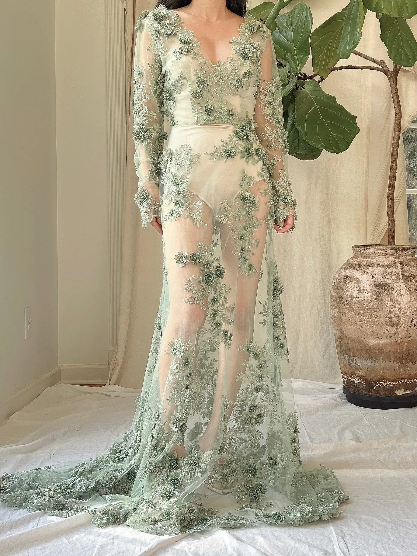 Gossamer Green 3D Floral Dress - S/6