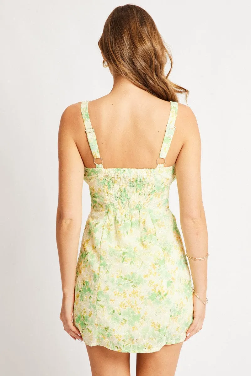 Green Floral Mini Dress Ruched Bust