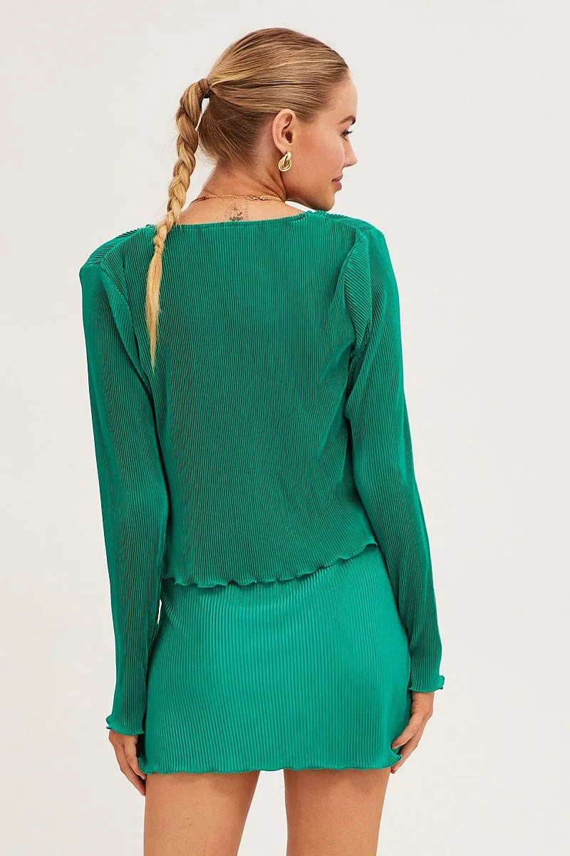 Green Mini Skirt Plisse Satin