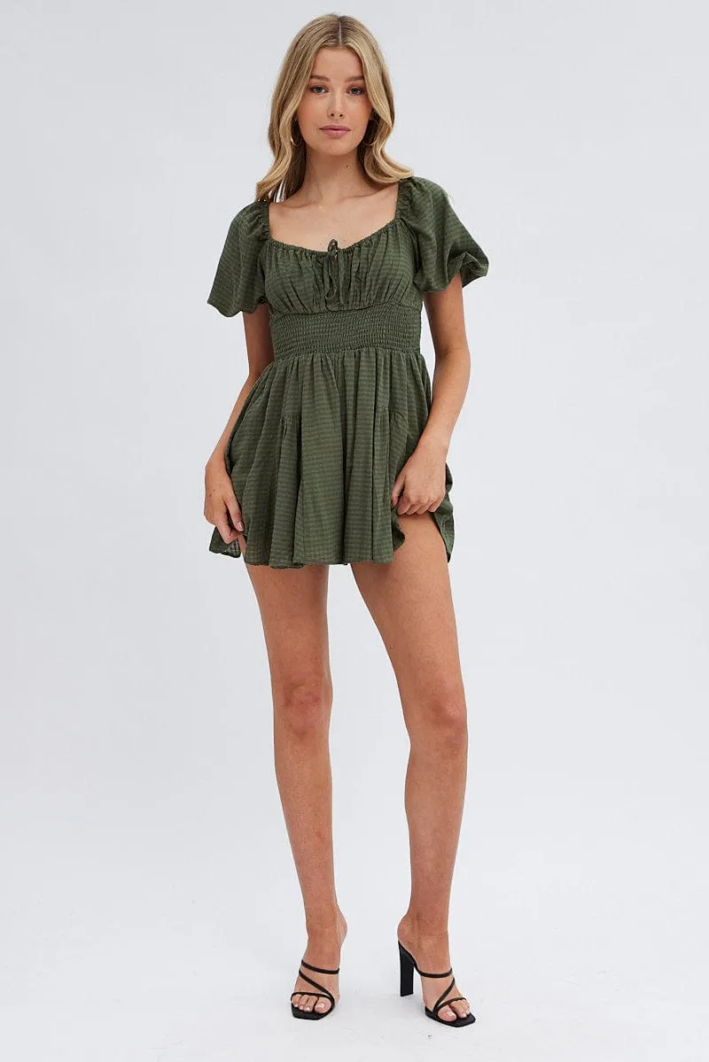 Green Ruched Playsuit Short Sleeve