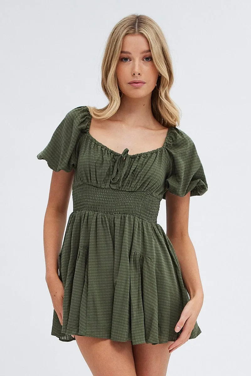 Green Ruched Playsuit Short Sleeve
