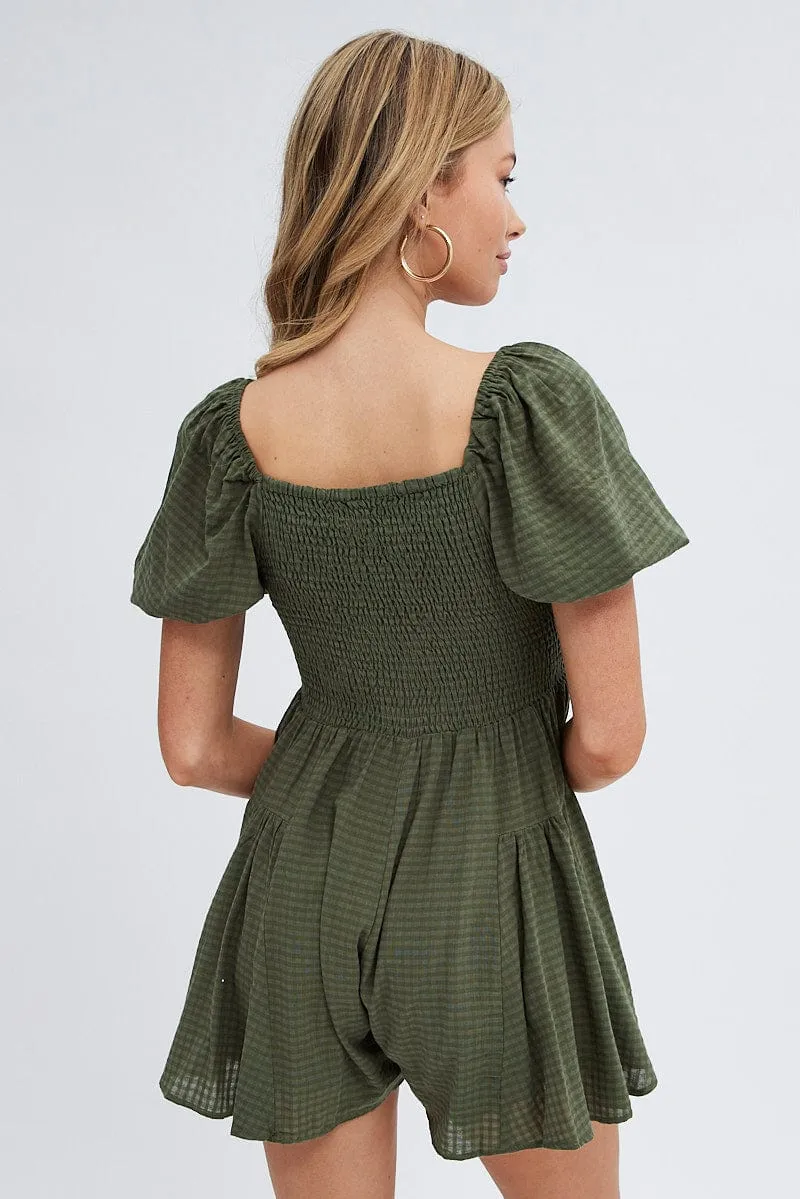 Green Ruched Playsuit Short Sleeve