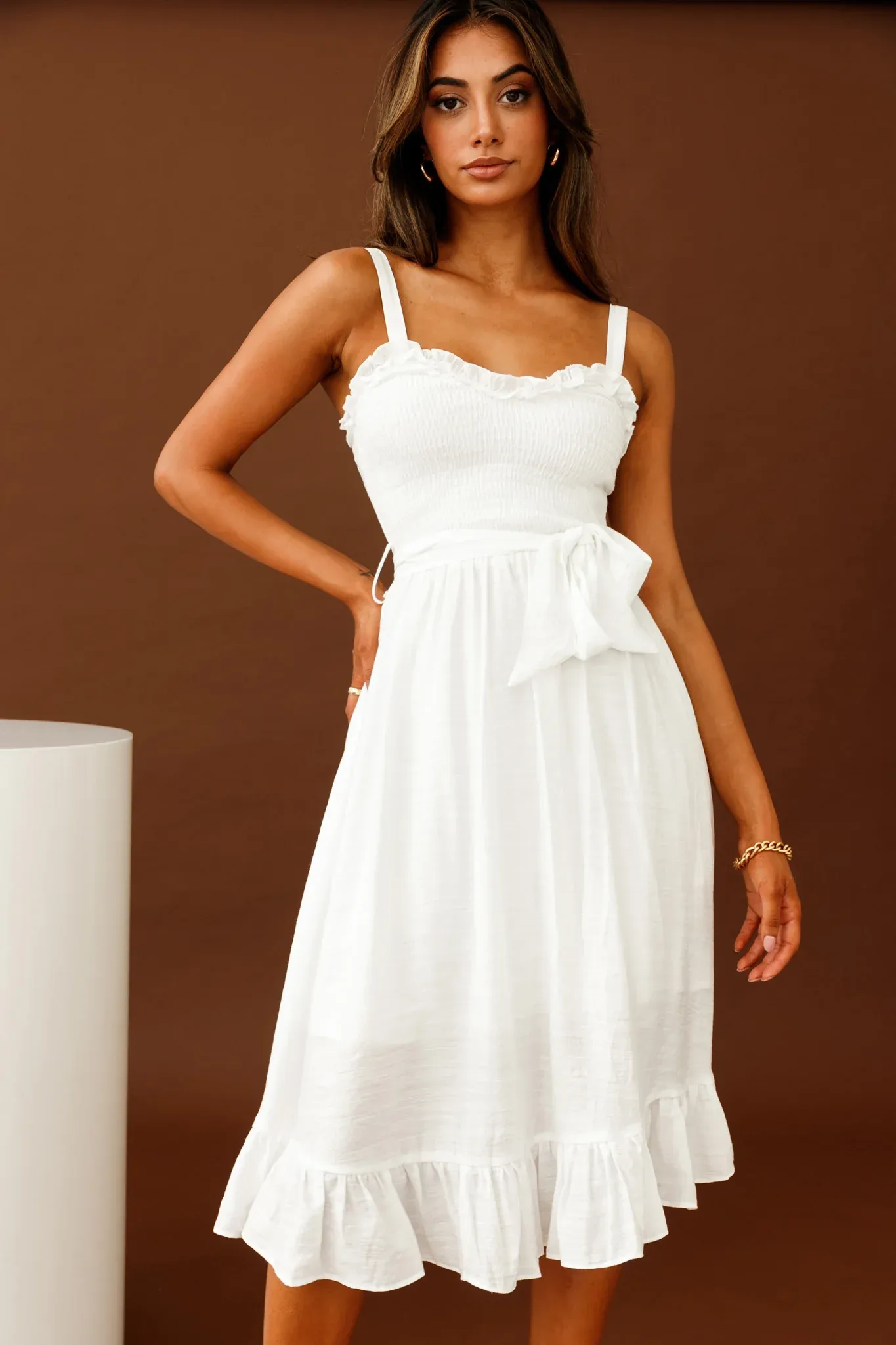 Honey Shirred Frill Midi Dress White