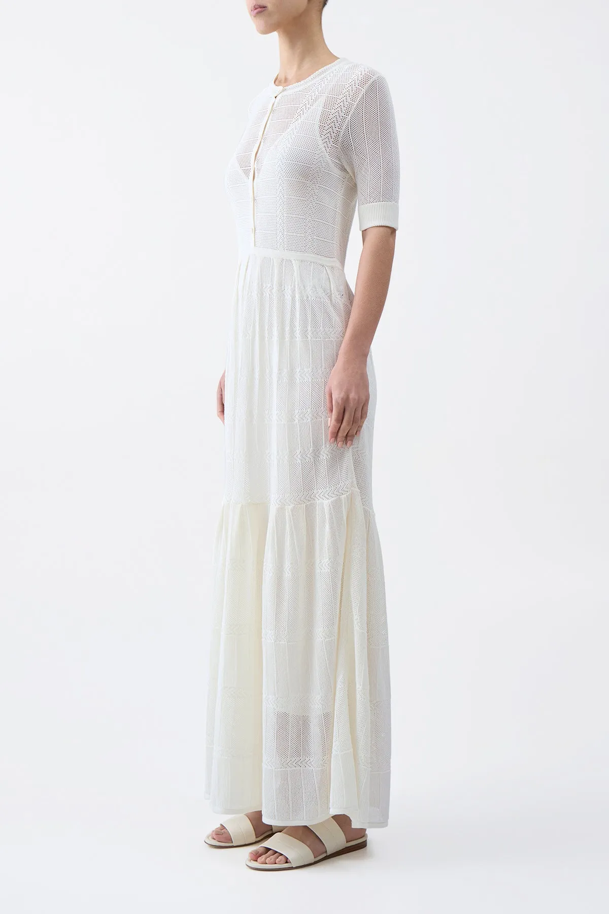 Iris Pointelle Knit Pleated Maxi Dress with Slip in Ivory Cotton Silk