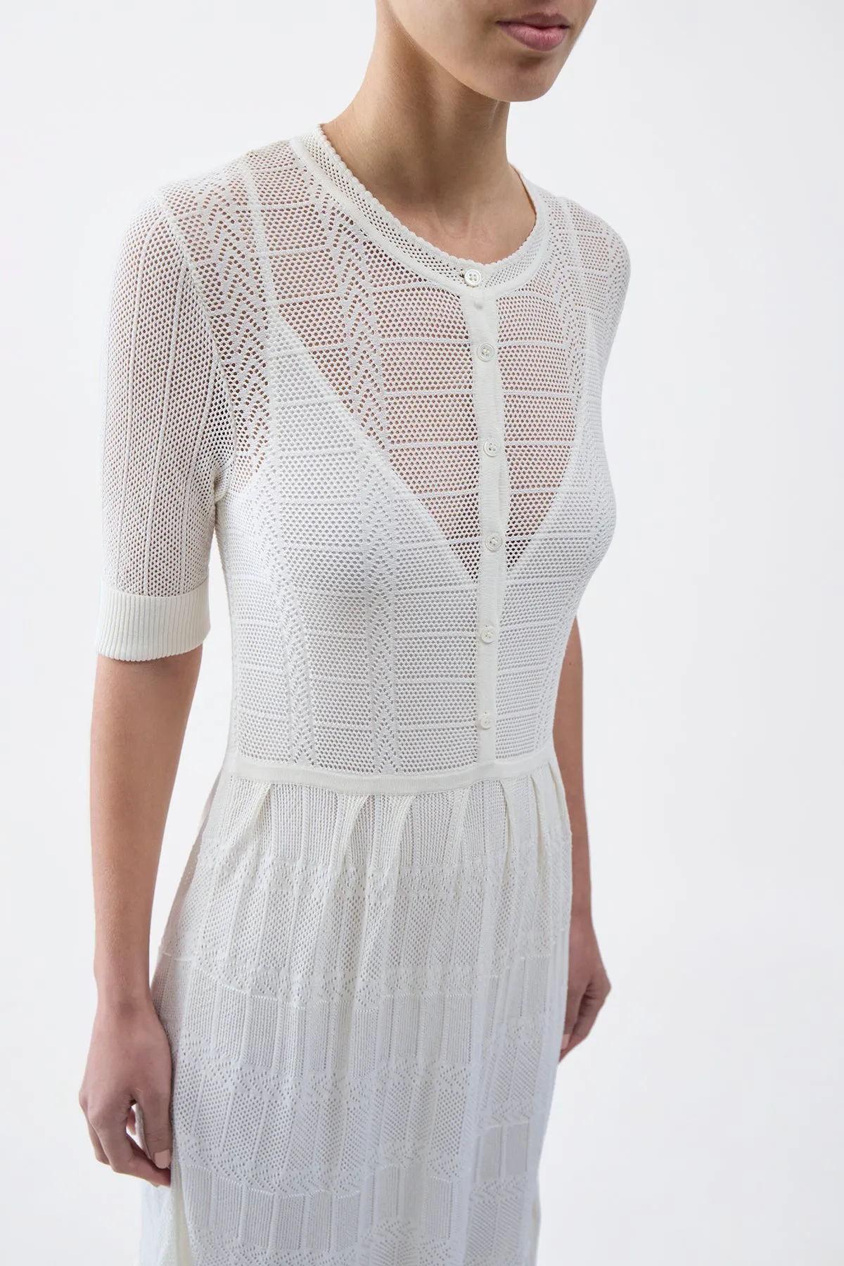 Iris Pointelle Knit Pleated Maxi Dress with Slip in Ivory Cotton Silk