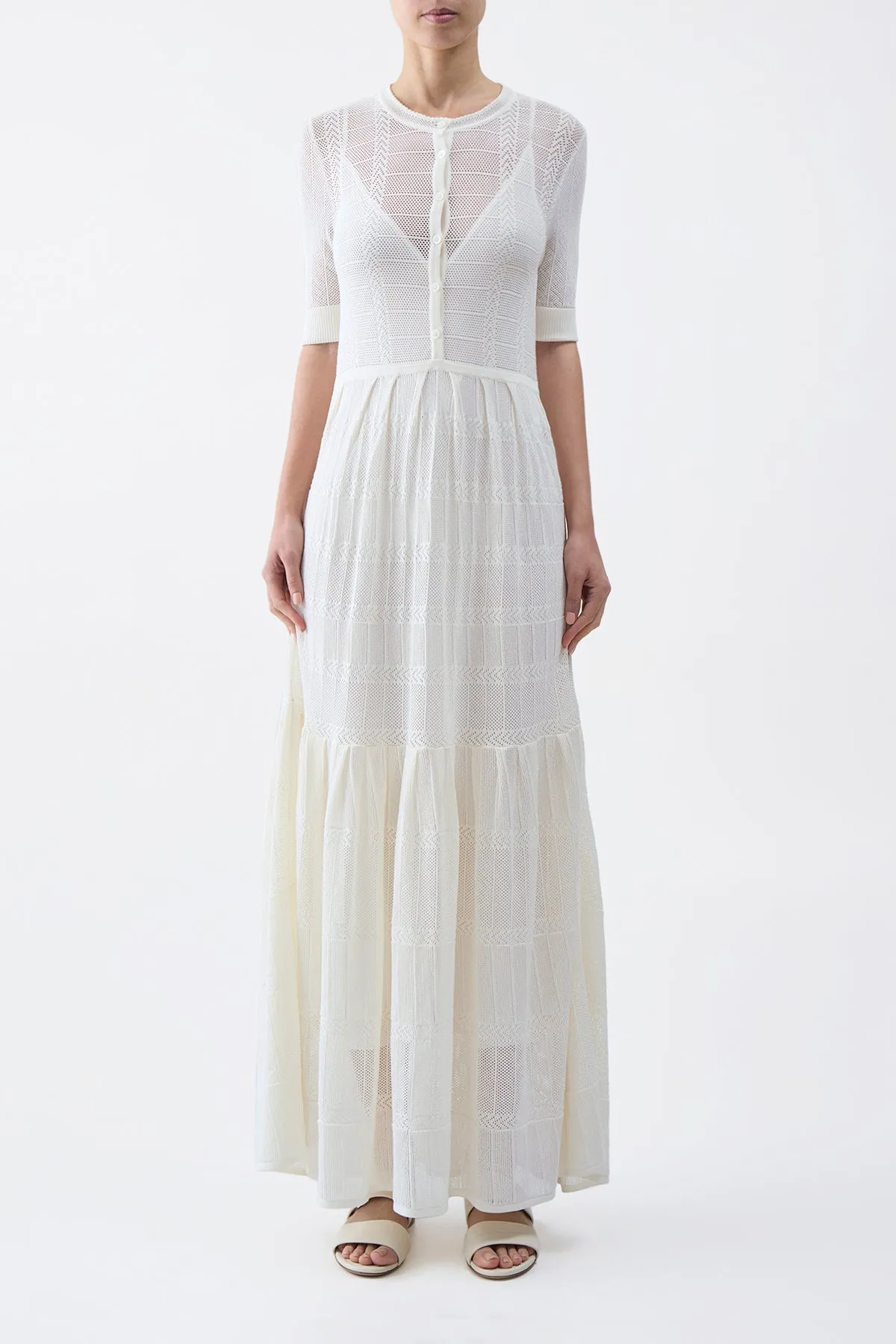 Iris Pointelle Knit Pleated Maxi Dress with Slip in Ivory Cotton Silk