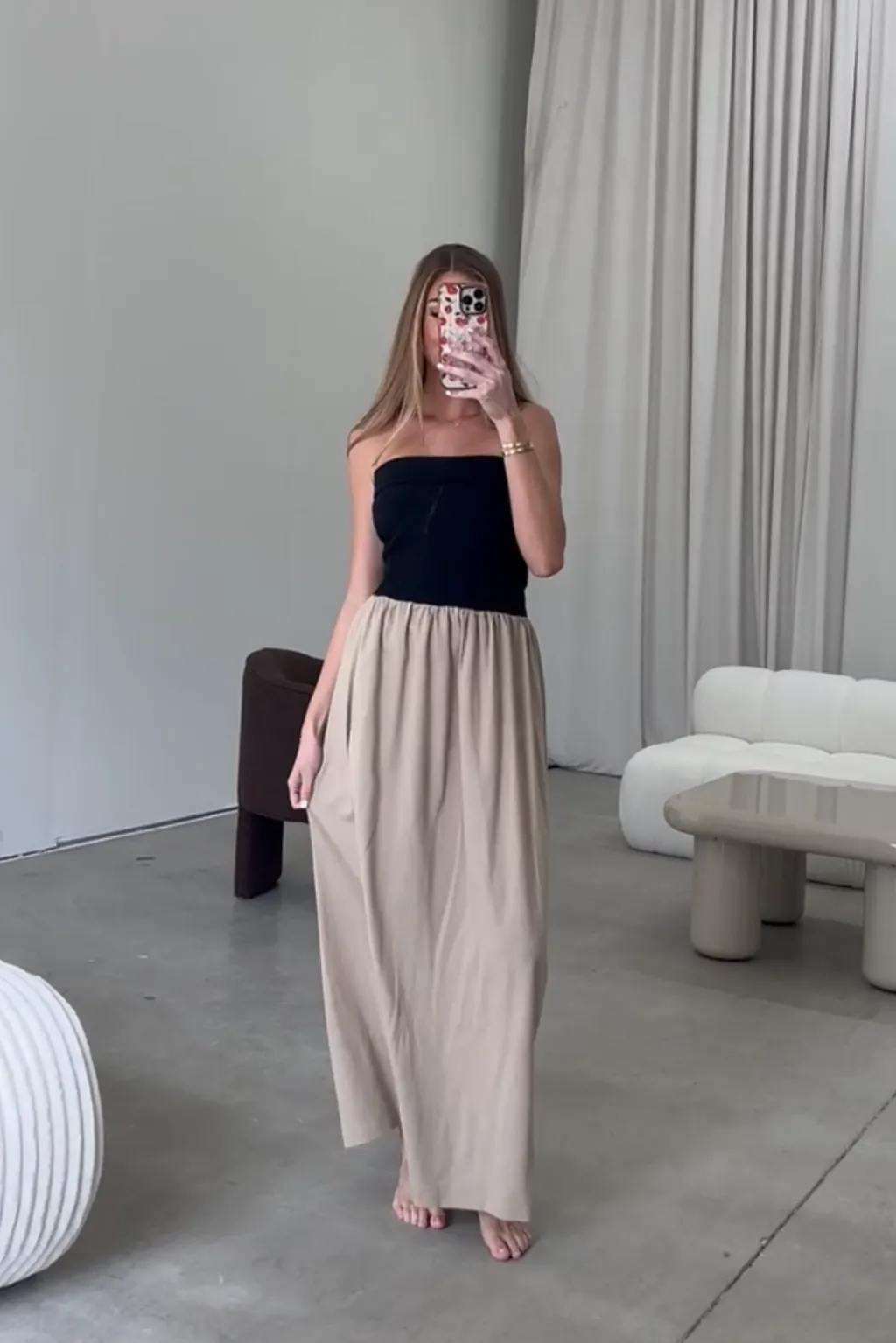 Kaylee Linen and Ribbed Knit Maxi Dress in Black/Tan