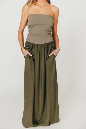 Kaylee Linen and Ribbed Knit Maxi Dress in Olive