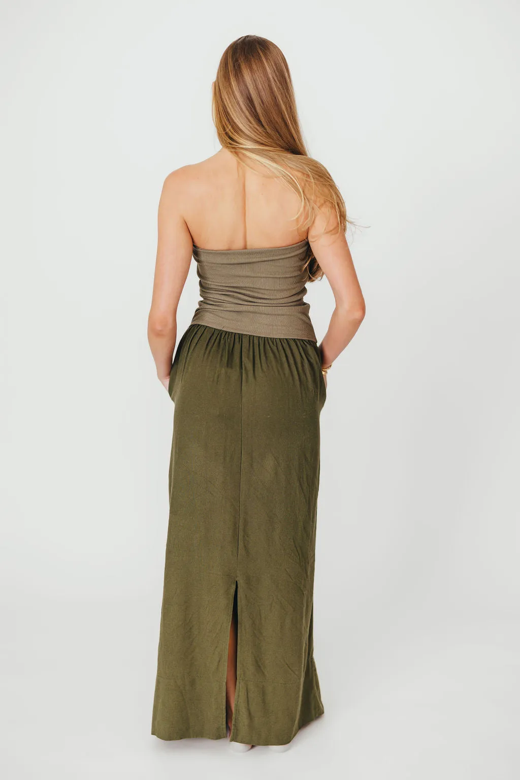Kaylee Linen and Ribbed Knit Maxi Dress in Olive