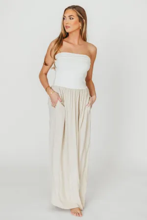 Kaylee Linen and Ribbed Knit Maxi Dress in White/Oatmeal