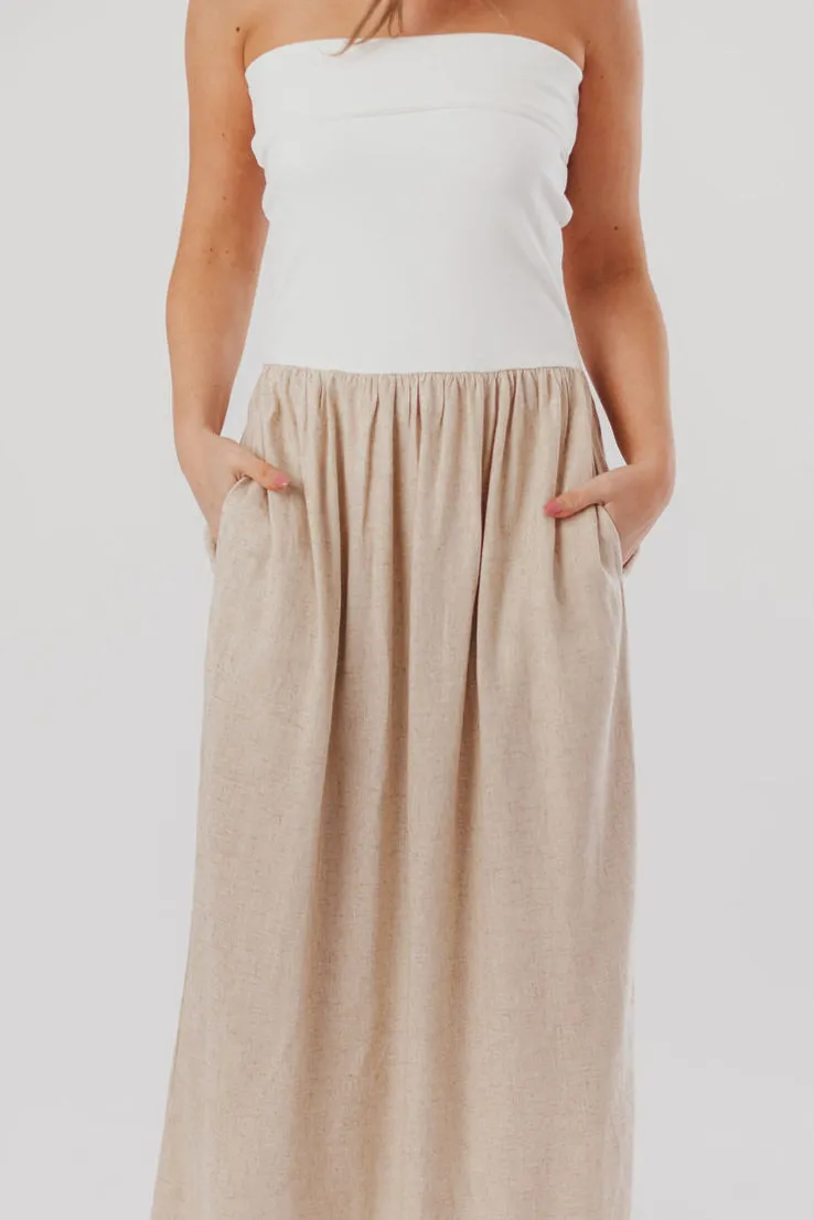 Kaylee Linen and Ribbed Knit Maxi Dress in White/Oatmeal