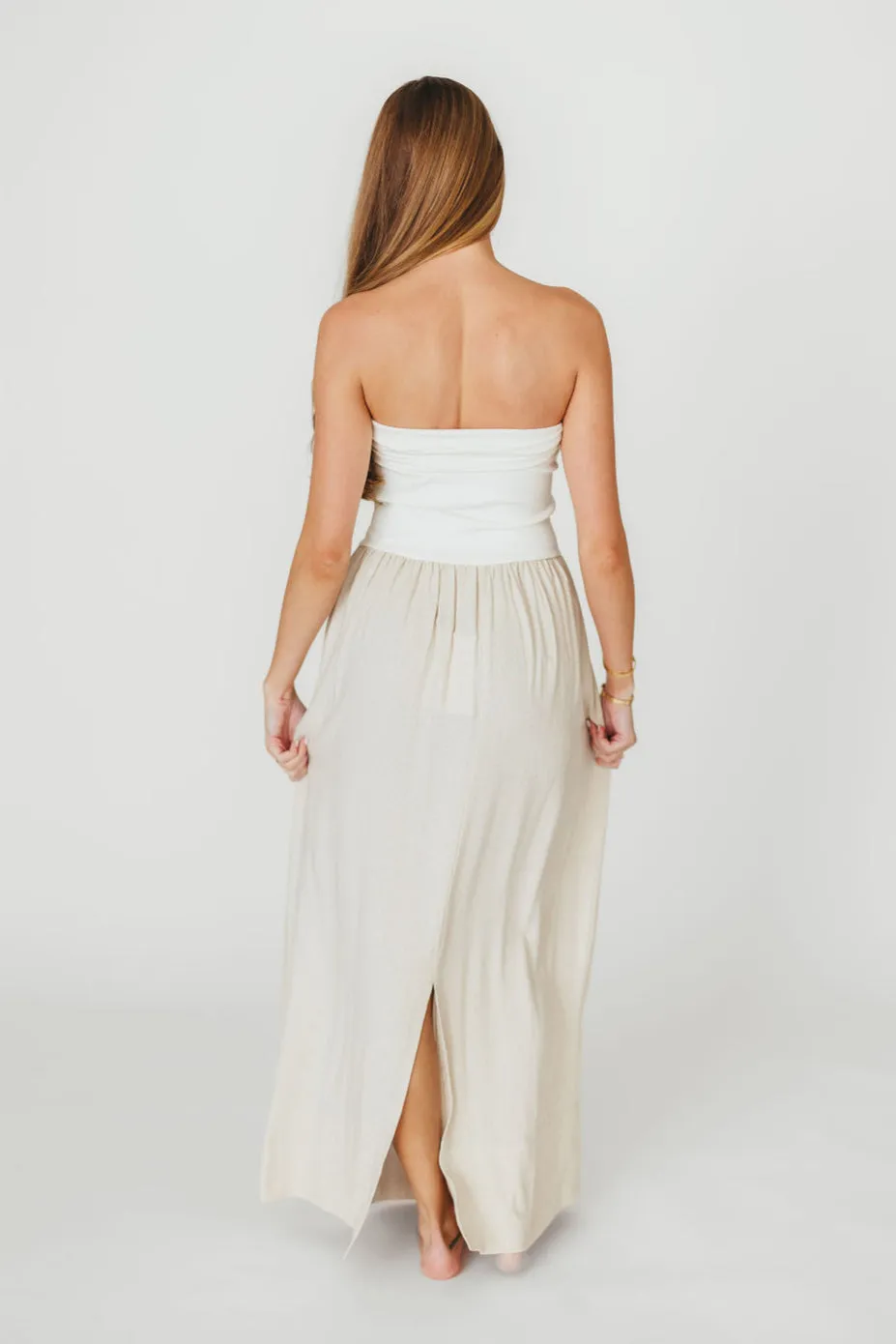Kaylee Linen and Ribbed Knit Maxi Dress in White/Oatmeal