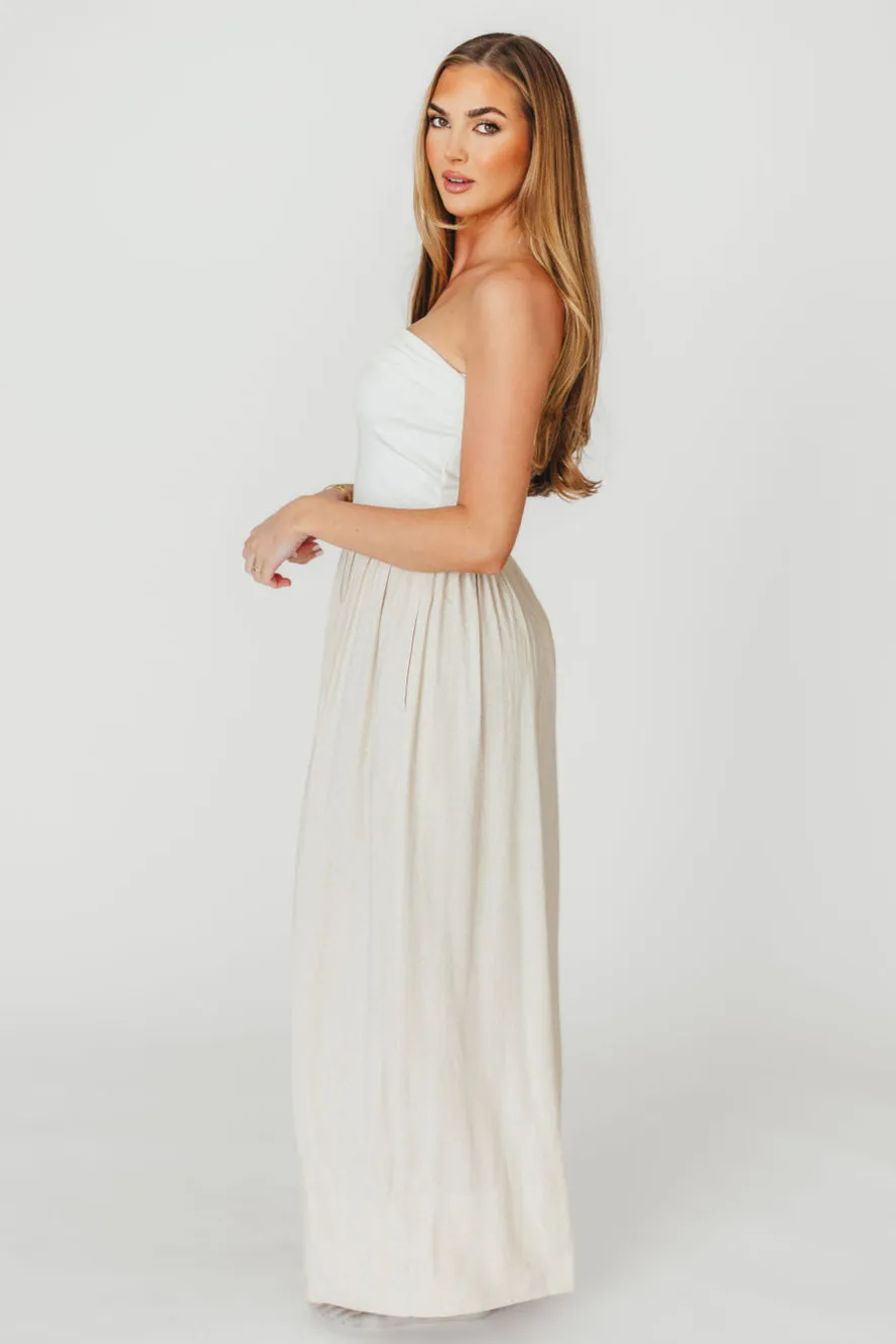 Kaylee Linen and Ribbed Knit Maxi Dress in White/Oatmeal