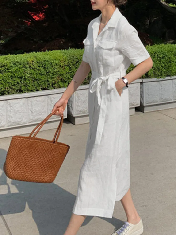 Knee Length Dress Solid Cotton Dress Pockets