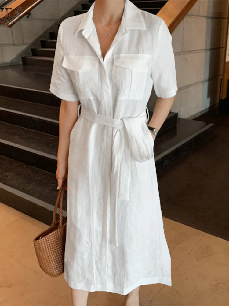 Knee Length Dress Solid Cotton Dress Pockets