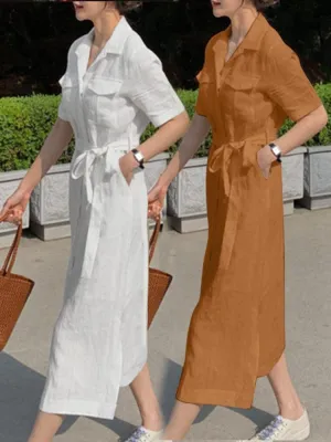Knee Length Dress Solid Cotton Dress Pockets