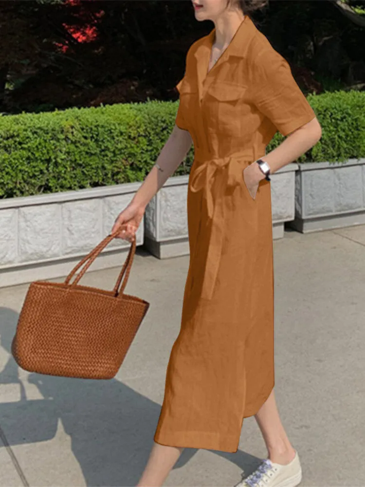 Knee Length Dress Solid Cotton Dress Pockets