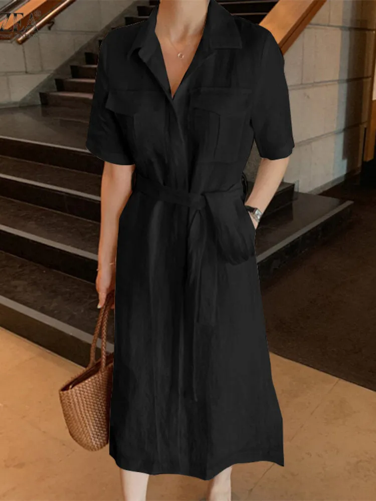 Knee Length Dress Solid Cotton Dress Pockets