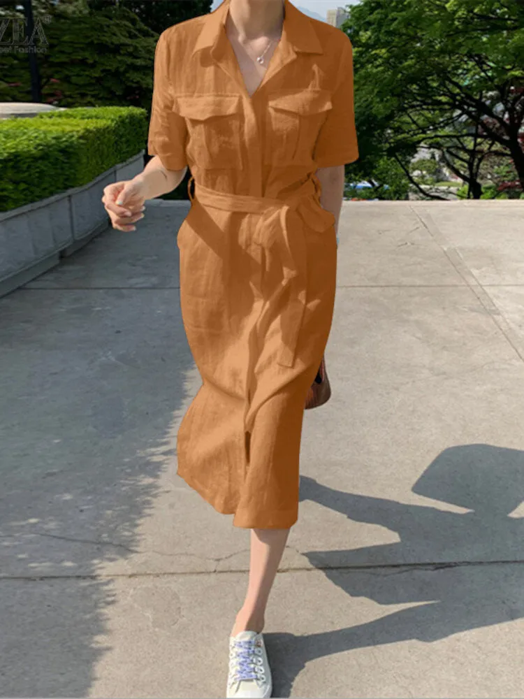 Knee Length Dress Solid Cotton Dress Pockets