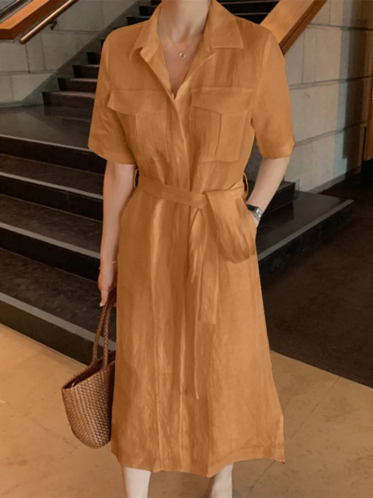Knee Length Dress Solid Cotton Dress Pockets