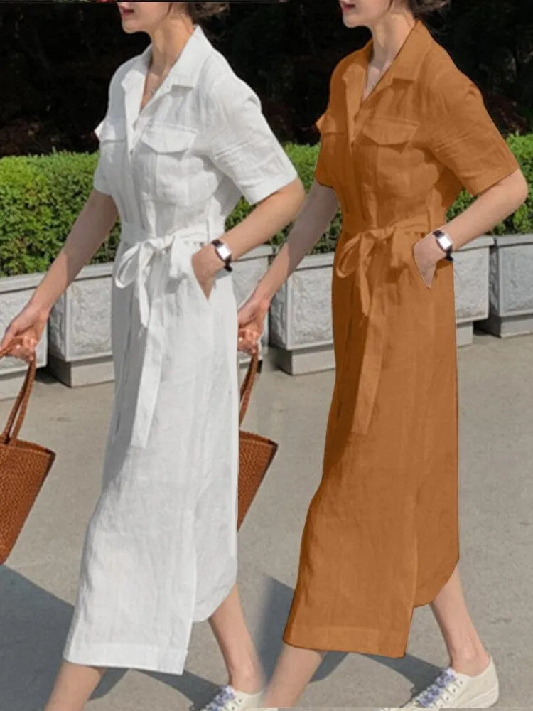 Knee Length Dress Solid Cotton Dress Pockets
