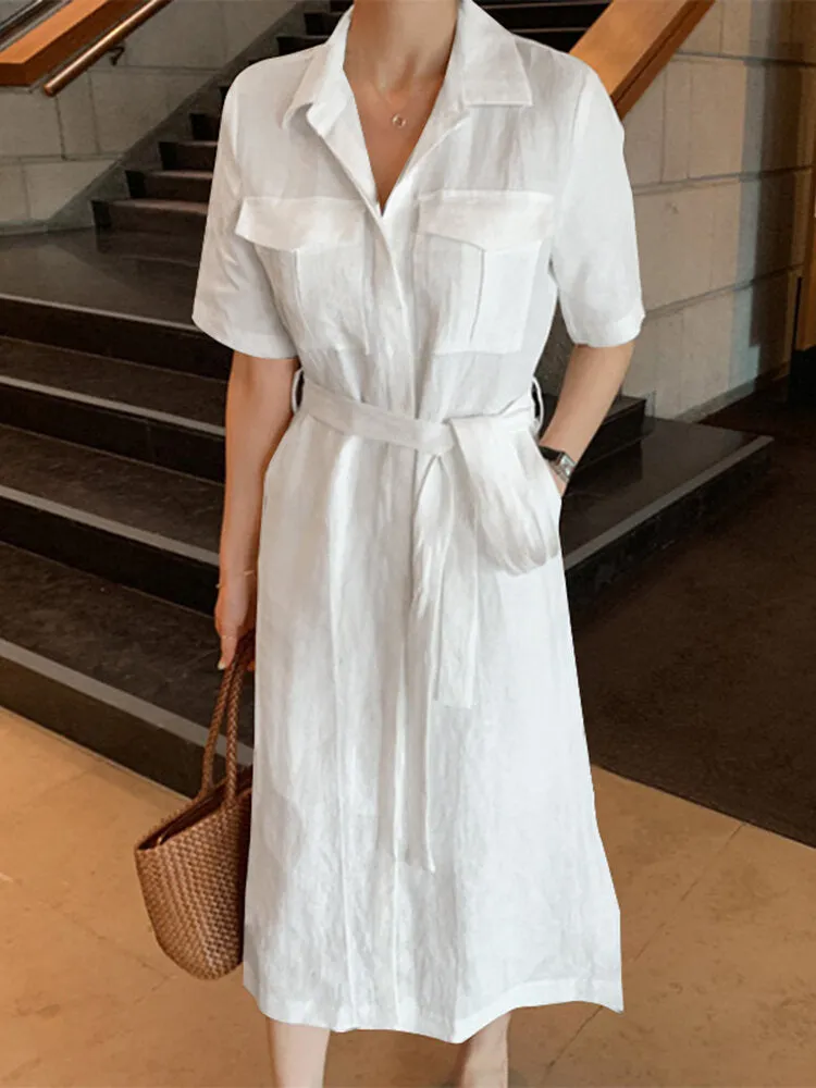 Knee Length Dress Solid Cotton Dress Pockets